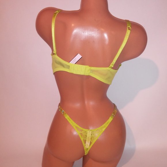 Victoria Secret Bra Set 36C Push Up Medium Thong Panty Yellow-Green Shine Strap - Picture 11 of 12